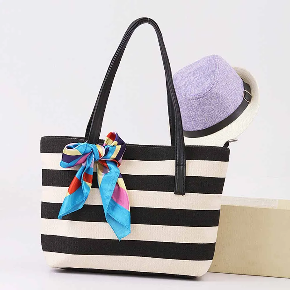 Casual women bag Canvas Stripe Silk Scarf hbags Shoulder Shopping Bag Travel Bags Tote hbag women bags bolsas