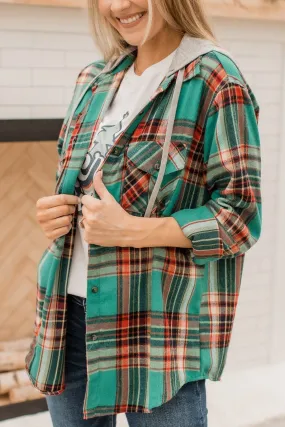 Heartfelt Serenades Hooded Plaid Top- Emerald Green