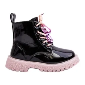 Miss Children's Patent Insulated Boots With Decoration, Black and Pink Bunnyjoy