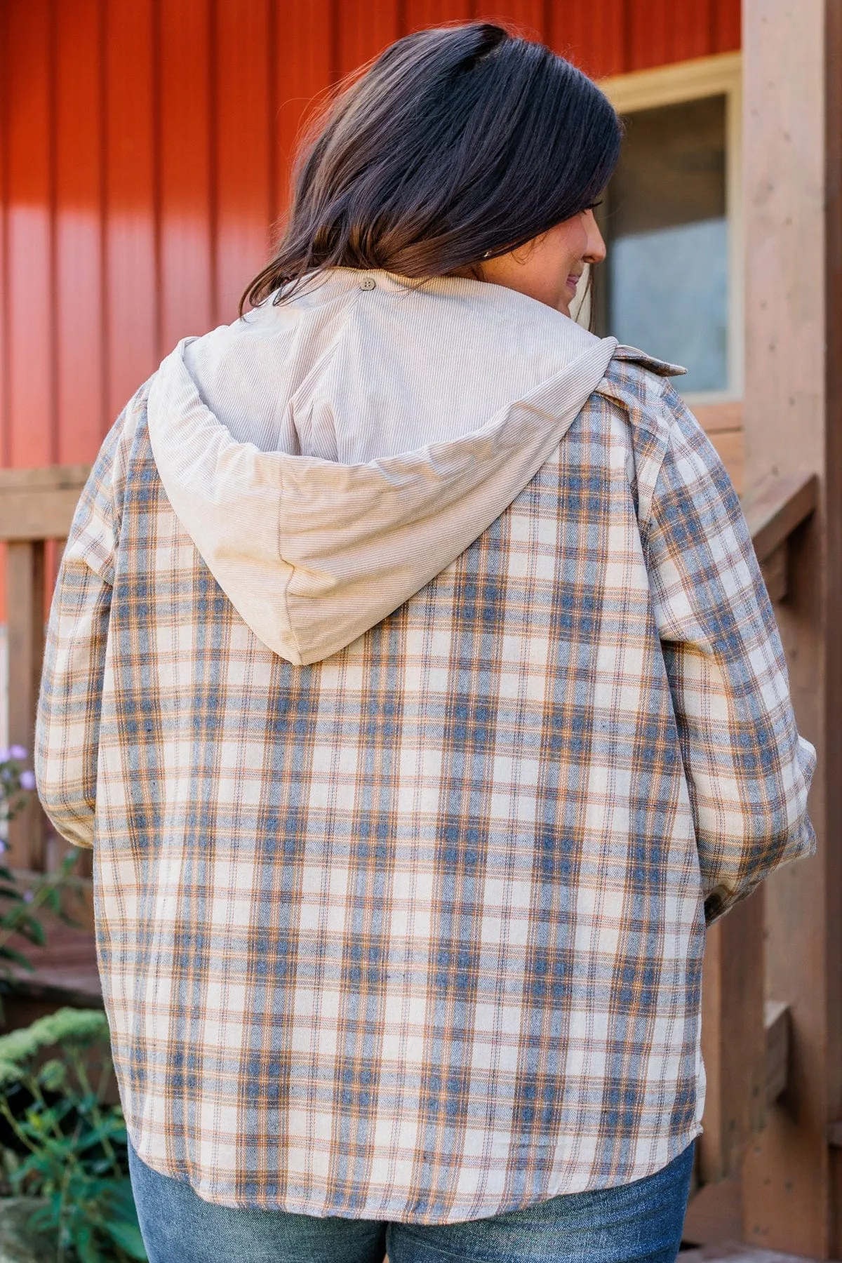 Shake It Off Hooded Button Top- Light Taupe & Navy