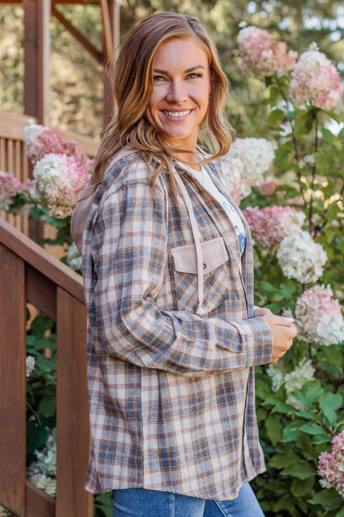 Shake It Off Hooded Button Top- Light Taupe & Navy